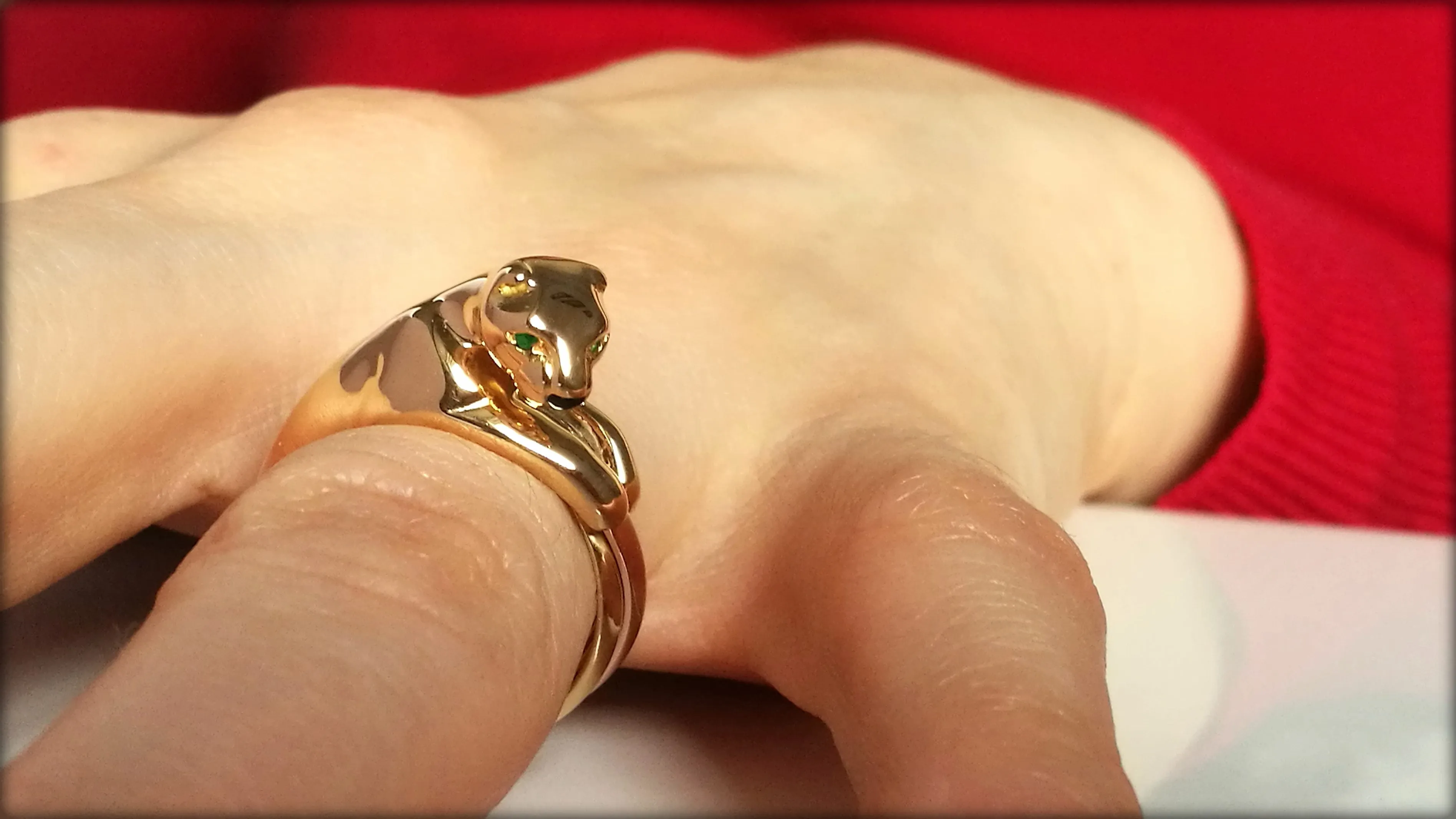 Vintage Cartier Panthere Trinity Ring in 18k Gold & Emerald, Size 52