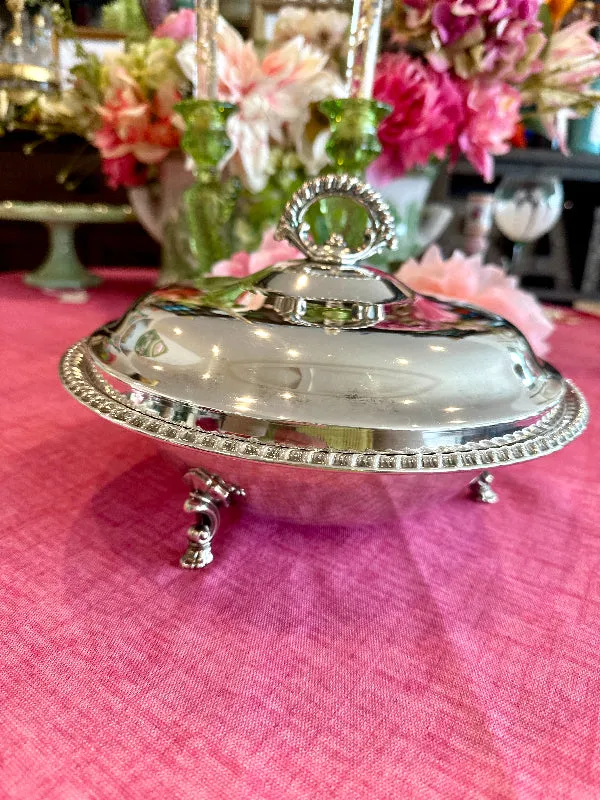 Vintage Casserole Serving Dish, Silverplate, Footed, Lidded, Pyrex Insert