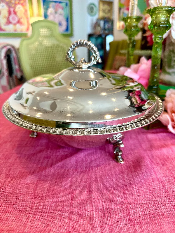 Vintage Casserole Serving Dish, Silverplate, Footed, Lidded, Pyrex Insert