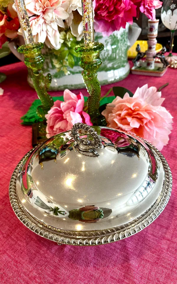 Vintage Casserole Serving Dish, Silverplate, Footed, Lidded, Pyrex Insert