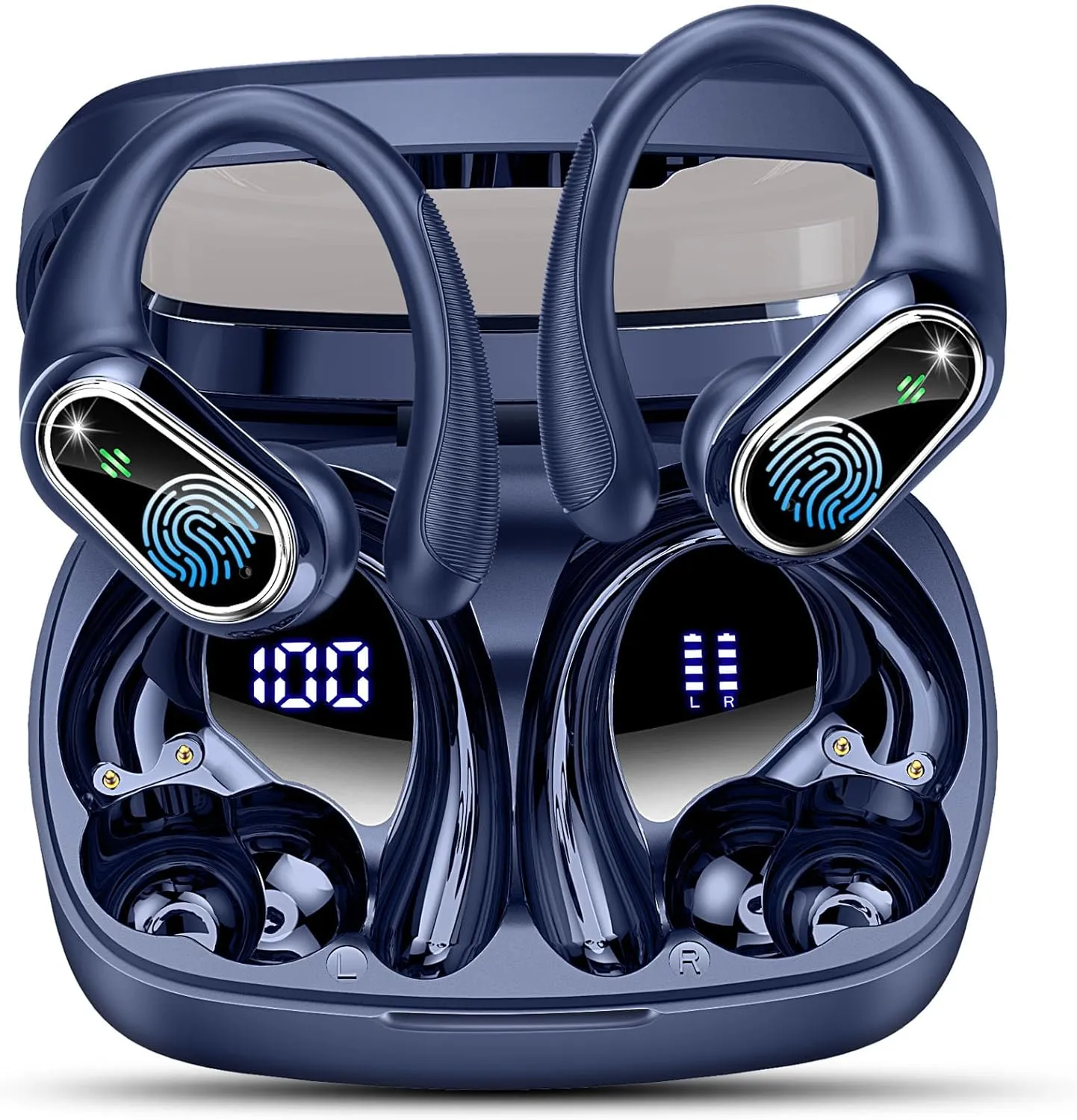 Wireless Earbuds Bluetooth Headphones, Bluetooth Earbuds Stereo Deep Bass, 50hrs Playtime Over Ear Buds and Noise Canceling Mic, IPX7 Waterproof Earphone for Sports/Workout/Running, Navy Blue