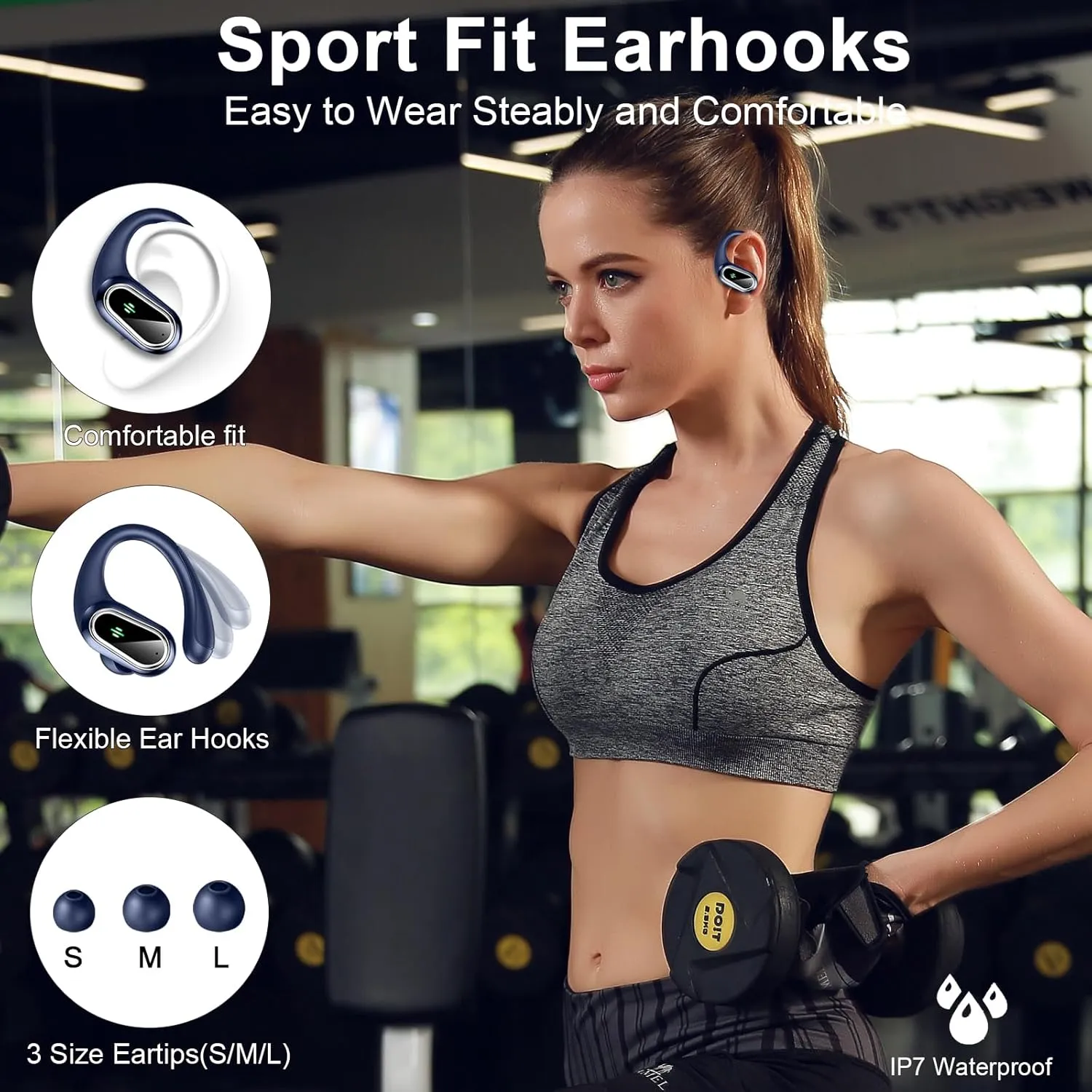 Wireless Earbuds Bluetooth Headphones, Bluetooth Earbuds Stereo Deep Bass, 50hrs Playtime Over Ear Buds and Noise Canceling Mic, IPX7 Waterproof Earphone for Sports/Workout/Running, Navy Blue
