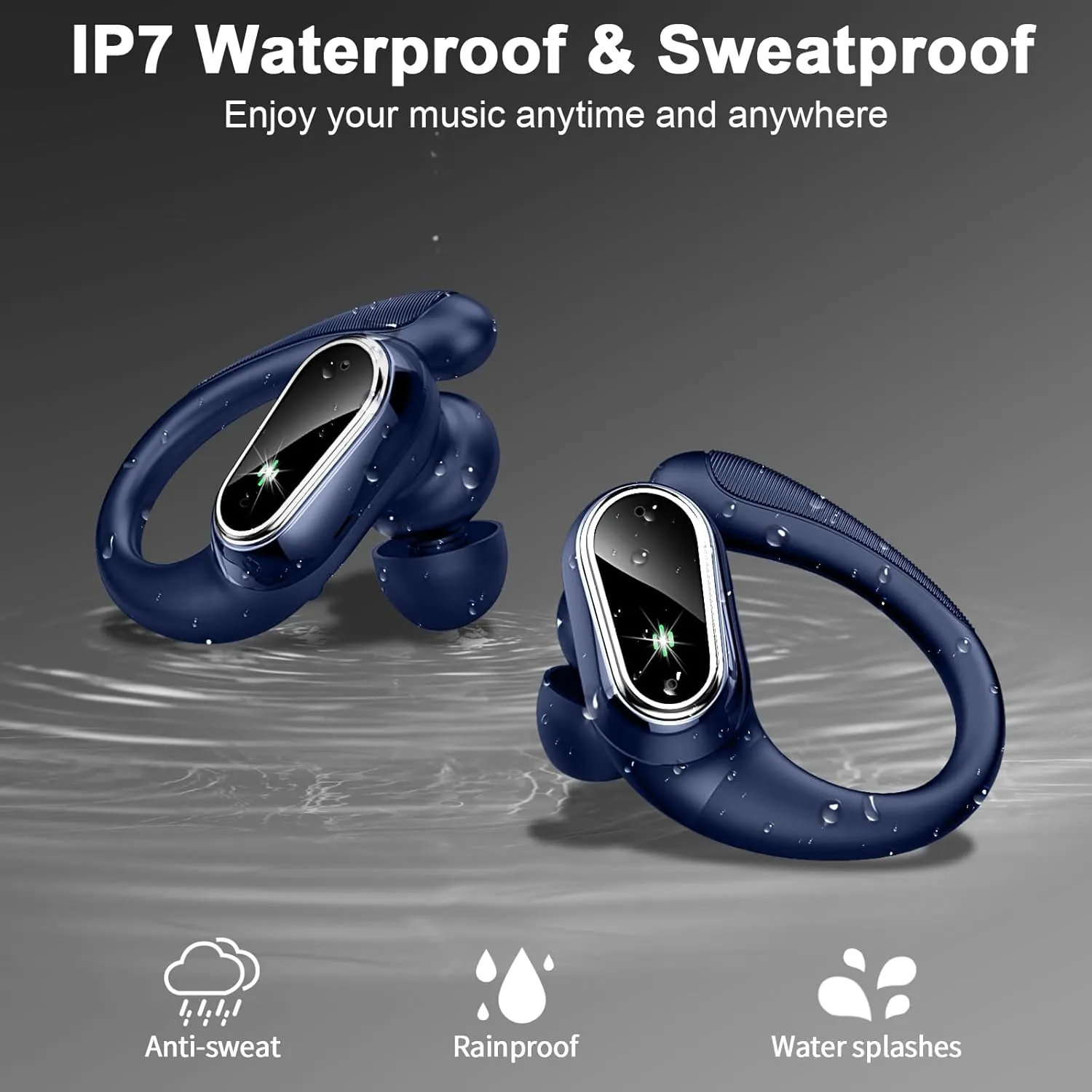 Wireless Earbuds Bluetooth Headphones, Bluetooth Earbuds Stereo Deep Bass, 50hrs Playtime Over Ear Buds and Noise Canceling Mic, IPX7 Waterproof Earphone for Sports/Workout/Running, Navy Blue