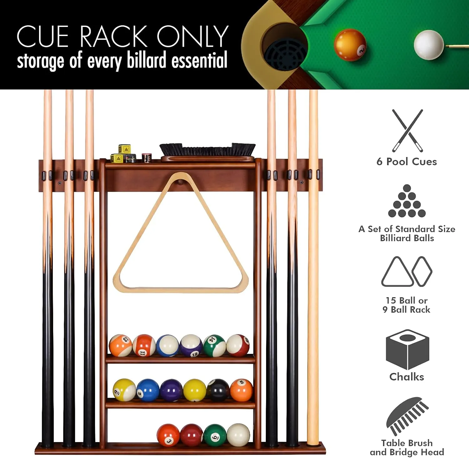 XCSOURCE Pool Cue Rack Only, Pool Stick Holder Wall Mount, 6 Pool Billiard Stick   Ball Set Pool Cue Holder, Pool Table Accessories for Billiard Room Man cave