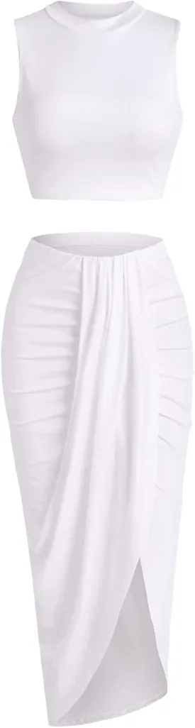 ZAFUL Women's Casual Sleeveless Summer Two Piece Outfits Crop Top and Side Split Draped Ruched Maxi Skirt Set Solid Suiting